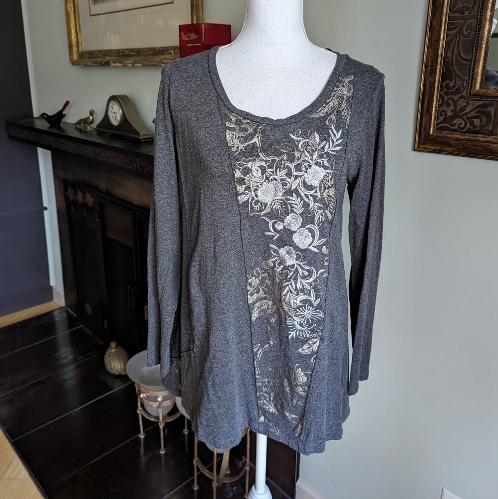 Soft Surroundings Julietta Tunic Women's XS Floral Foil And Embroidery Gray 56